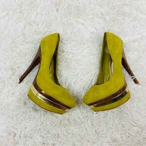 BAKERS Y2K lime green suede platform pump stilettos wood bottom shoes size 7